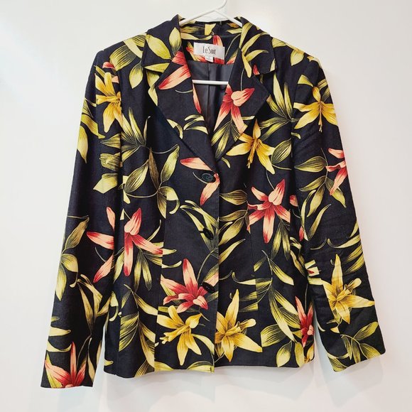 Le Suit Suit Coat Blazer Jacket Black Red Yellow Floral Linen Blend Womens 10 - Picture 7 of 7
